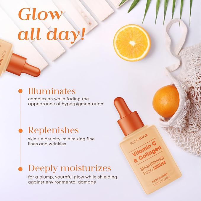 Glow Elixir Vitamin C Serum for Face with Collagen – Fine Lines & Wrinkles Treatment, Hydrating Korean Skin Care – Dermatologist Tested, Anti-Aging, Vegan, Clean Beauty – 2.02 Fl Oz