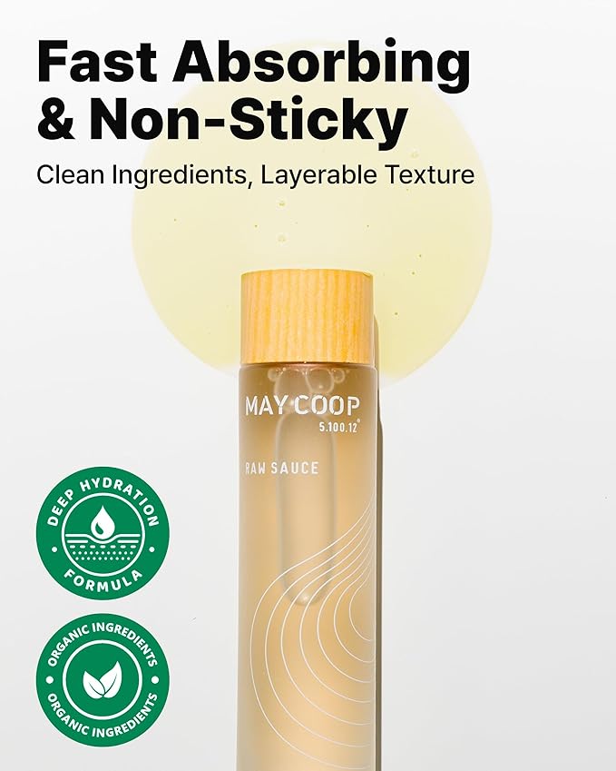 May Coop Raw Sauce Moisture Essence Toner | Korean Hydrating Face Toner for Dry & Sensitive Skin | Rice Water, Centella Asiatica & Birch Bark | Fast-Absorbing Skincare Formula, 1.35 fl. oz.