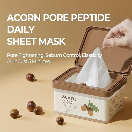 SKINFOOD Acorn Pore Peptide Daily Sheet Mask, Korean 5-Minute Quick Skincare Hack, Pore Tightening & Elasticity, Skin Texture Improvement Face Mask for Sagging Skin Bulk Pack (30EA)