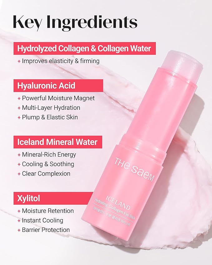 THESAEM Iceland Hydrating Collagen Eye Stick 0.38 oz 2 Pack - Anti-wrinkle Moisturizing Eye Balm for Saggy Skin – Under Eye Treatment - Balm to Smooth Skin Texture - Rose Scent