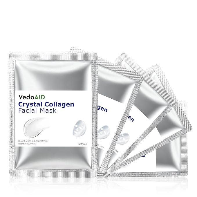 (5pc) Crystal Collagen Facial Mask, Deep Hydrating Overnight Hydrogel Face Mask, Firming & Anti-Aging Collagen Sheet Mask for Wrinkles, Pore Refining Korean Skincare for Women & Men