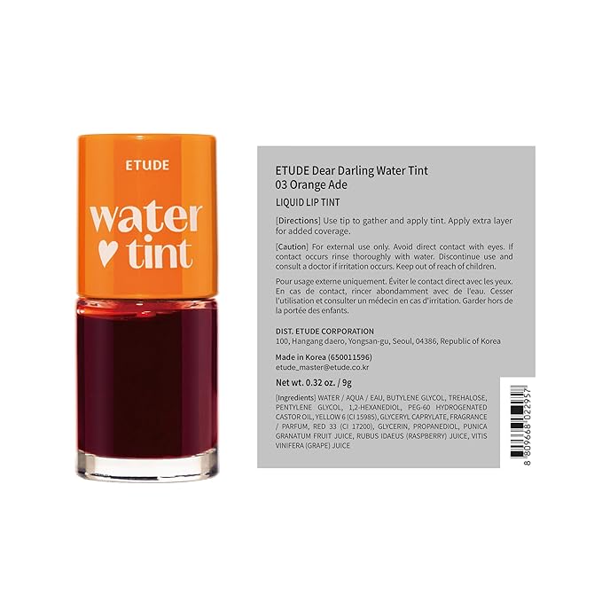 ETUDE Dear Darling Water Tint – Orange Ade | Korean Lip Stain & Lip Tint for Hydrated Pink Lips, Smudge-Proof Long-Lasting Lip & Cheek Makeup | K-Beauty Gift, Stocking Stuffers