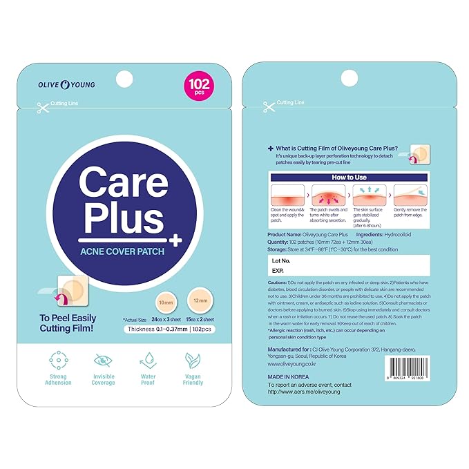 OLIVE YOUNG Care Plus Spot Patch | Hydrocolloid Acne Korean Spot Patch to Cover Zits, Pimples and Blemishes, for Troubled Skin and Face (Hydrocolloid, 102 Count (Pack of 1))