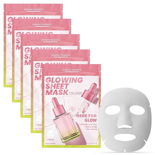 Collagen Face Mask – Dermatologist Tested, Anti-Aging, Korean Skin Care, Firms Hydrates Strengthens Barrier – Clean Beauty Vegan Sheet Mask for Dry Sensitive Skin – 5 Sheets