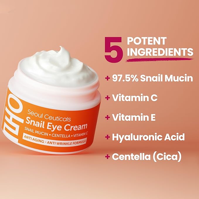 SeoulCeuticals Korean Snail Mucin Eye Cream - 97.5% Snail Filtrate K Beauty Anti Aging Under Eye Anti Wrinkle Eye Treatment Cream 0.5oz