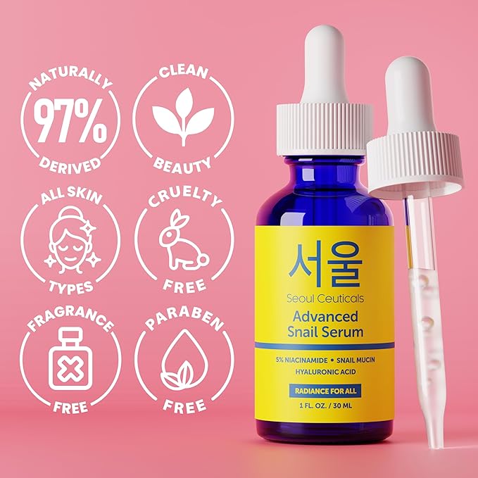 SeoulCeuticals Korean 5% Niacinamide + Snail Mucin 97.5% Essence Serum + Hyaluronic Acid, Cruelty Free Korean Skin Care, Natural & Organic Anti Aging Face Serum for Dull Skin, K Beauty 1oz