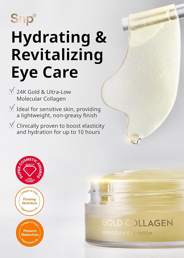 SNP 125Da Collagen + 24K Gold Perfection Eye Patch | Nourishing Under Eye Patches for Wrinkles and Dark Spots | Under Masks for Puffy Eyes and Dark Circles | Korean Collagen Skincare | 60 Patches