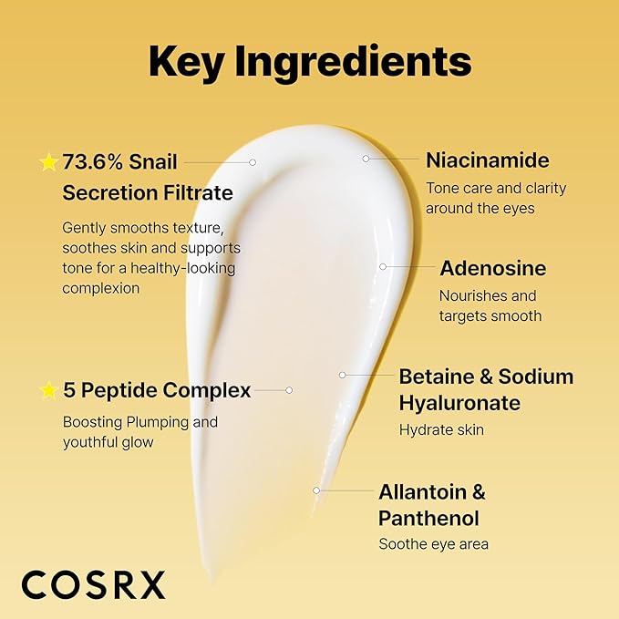 COSRX Snail Mucin Peptide Under Eye Cream, 0.84 fl oz, 73.7% Snail Mucin and Niacinamide, Eye Care, Eye Cream Anti Aging, Dark Circles, Korean Skin Care