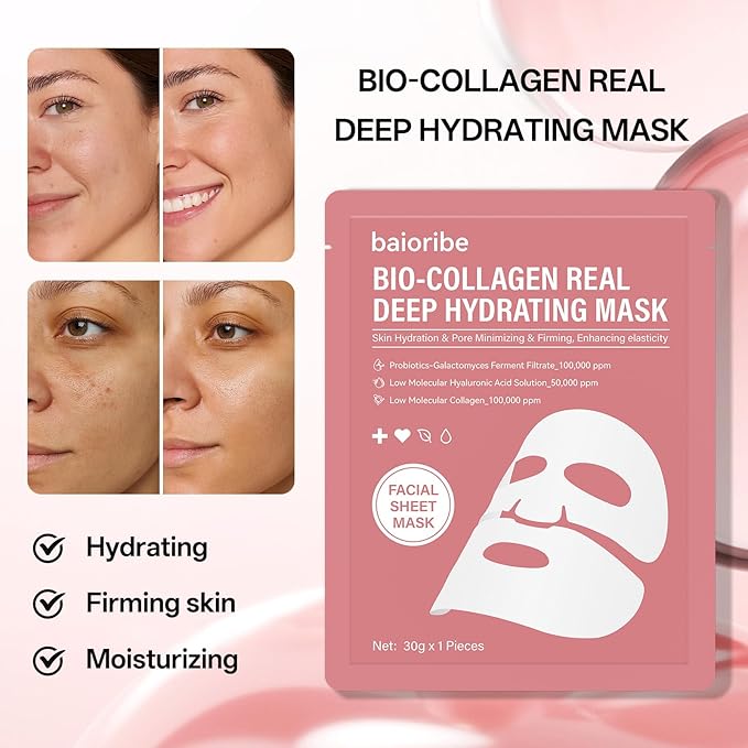8 PCS Bio-Collagen Real Deep Mask, Hydrating Korean Sheet Mask, Collagen Glow Up Firm Skin Deep Hydrating Masks for Pore Minimization - Glow like Glass Skin
