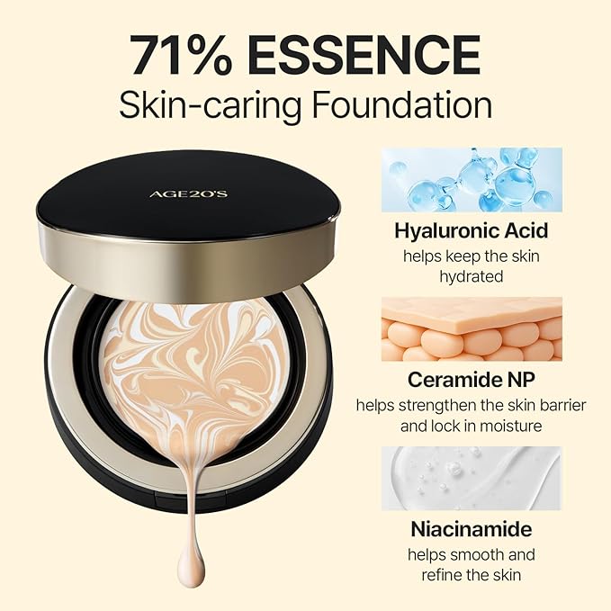 [Vegan] AGE20'S Signature Essence Pact | Pack of 1 | 27W WARM HONEY | Korean Cushion Foundation | Cream Foundation, Dewy & Glow Finish, Natural Coverage, SPF 50+