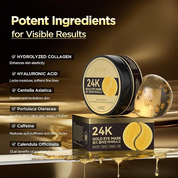24k Gold Eye Patches - Firming, Glowing & Hydrating Hydrogel Mask for Puffy Eyes, Dark Circles, Wrinkles, Eye Bags Treatment, Fine Lines, Korean Skincare Gifts for Men and Women, 60Pcs