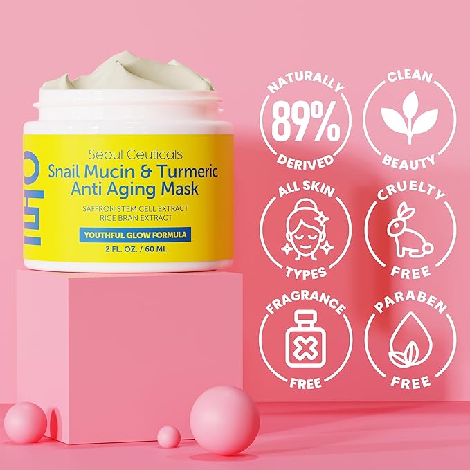 SeoulCeuticals Korean Face Mask Skin Care - Snail Mucin Turmeric Mask for Face – Cruelty Free K Beauty Anti Aging Face Mask for Healthy, Youthful Glow 2oz