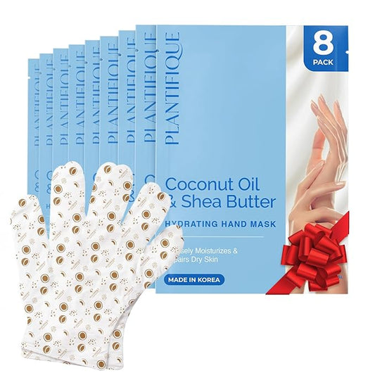 PLANTIFIQUE Hand Mask for Dry Hands – 8 Pairs Moisturizing Gloves with Shea Butter | Hyaluronic Acid & Macadamia | Korean Skincare | Vegan Spa Hand
