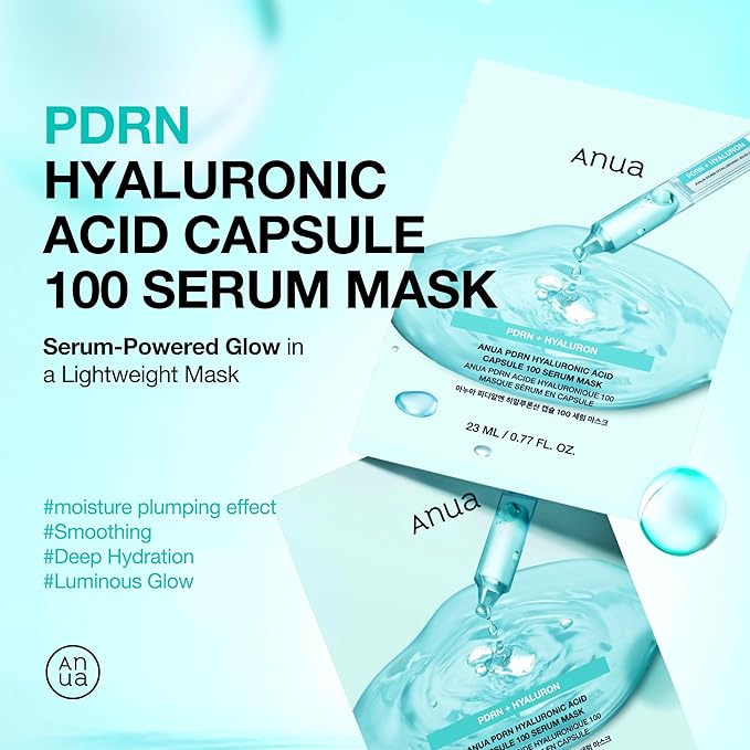 ANUA PDRN Hyaluronic Acid Capsule 100 Serum Mask, everyday glow korean sheet mask with Salmon PDRN, Hyaluronic acid, Collagen, Self home care facial mask for glass skin, Korean skin care (10EA)