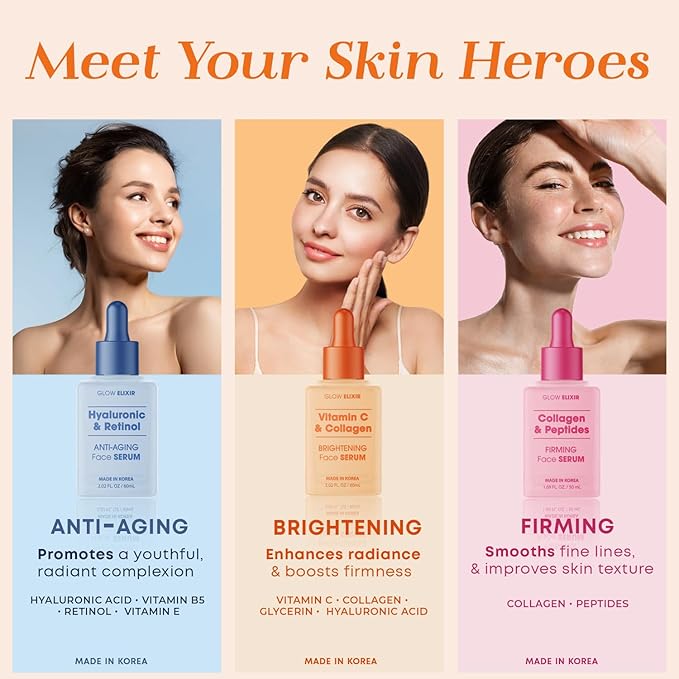 Glow Elixir Vitamin C Serum for Face with Collagen – Fine Lines & Wrinkles Treatment, Hydrating Korean Skin Care – Dermatologist Tested, Anti-Aging, Vegan, Clean Beauty – 2.02 Fl Oz