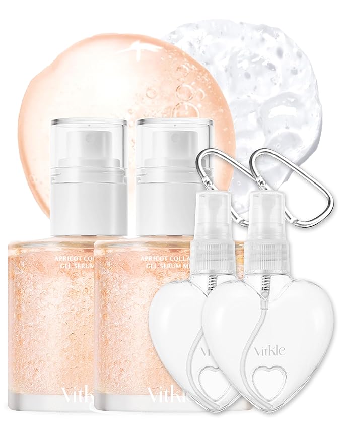 Apricot Collagen Gel Serum Mist Korean Face Moisturizer Spray - 8 Layer Hyaluronic Acid and Bakuchiol - Heart Shape Clear Keychain Refillable Travel Portable Bottle, 6.76 fl.oz