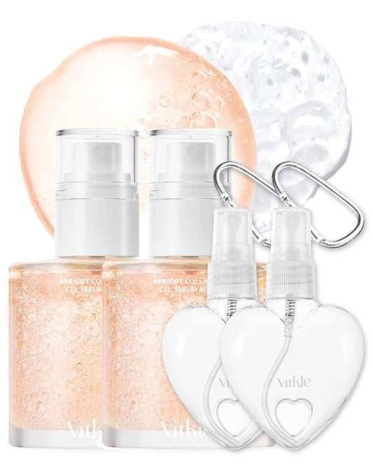 Apricot Collagen Gel Serum Mist Korean Face Moisturizer Spray - 8 Layer Hyaluronic Acid and Bakuchiol - Heart Shape Clear Keychain Refillable Travel Portable Bottle, 6.76 fl.oz