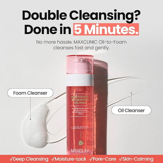 [K-Beauty] Rose Vitamin Oil to Foam - All-in-One Korean Face Wash OilBased Foaming Facial Cleanser - Pore Minimizing & Blackhead Remover - Makeup Deep Cleansing Oil for All Skin Types (3.88 fl oz)