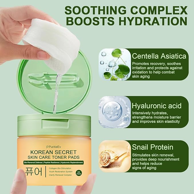 Korean Skin Care Toner Pads Snail Mucin Toning Polish Pads - Facial Skincare for Dark Spots, Wrinkles & Dull Skin - Hydrating Facial Treatment - 100 Count