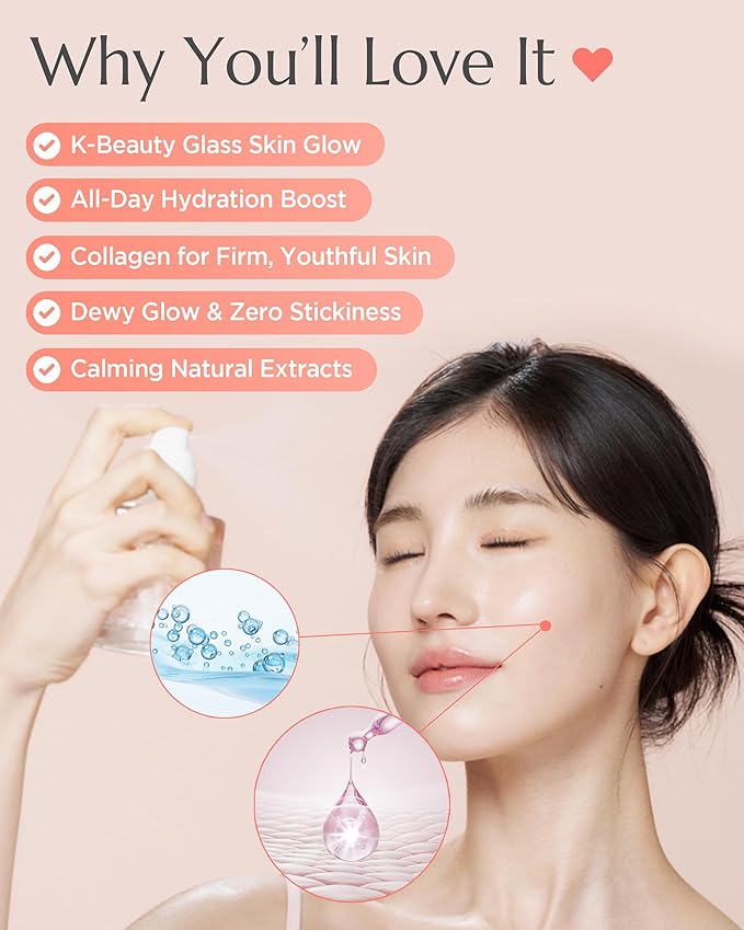 Apricot Collagen Gel Serum Mist Korean Face Moisturizer Spray - 8 Layer Hyaluronic Acid and Bakuchiol - Heart Shape Clear Keychain Refillable Travel Portable Bottle, 6.76 fl.oz