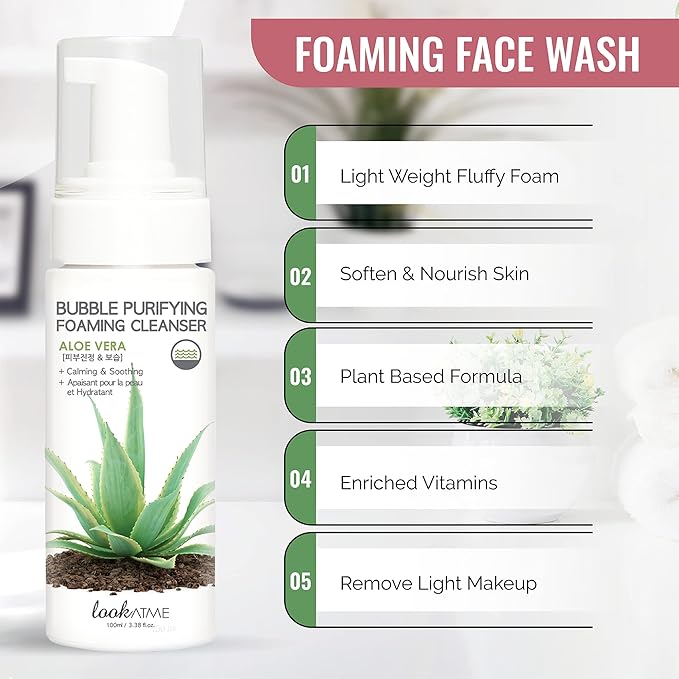 Korean Face Wash for Sensitive Skin - Water Based Bubble Skincare Cleanser - K Beauty Natural Acne Foaming Cleaner - Hydrating Skin Care Cleansing Foam with Low pH - Aloe Vera