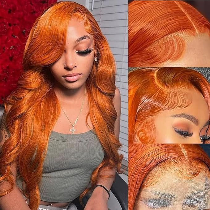 #350 Ginger Body Wave Lace Front Wigs Human Hair 13x4 HD Ginger Orange Lace Front Wig Wear and Go Glueless Orange Wigs Human Hair Pre Plucked With Baby Hair 26 Inch Colored Frontal Wig For Black Women