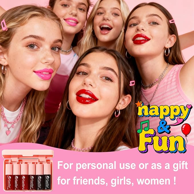 6 Colors Lip Tint Stain Set, Korean Makeup Lip Stain Moisturizing Mini Liquid Lipstick, Multi-use Lip and Cheek Tint, Long lasting Non-Stick Cup Waterproof, Cute Stuff, Lip Color Makeup