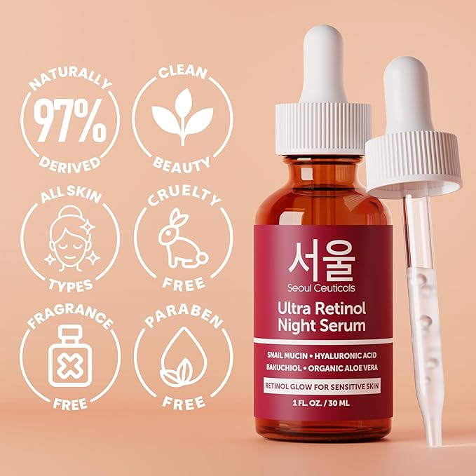 SeoulCeuticals 1% Korean Retinol Night Serum for Face - 97.5% Snail Mucin + Hyaluronic Acid + Bakuchiol, Cruelty Free K Beauty for Sensitive Skin 1oz