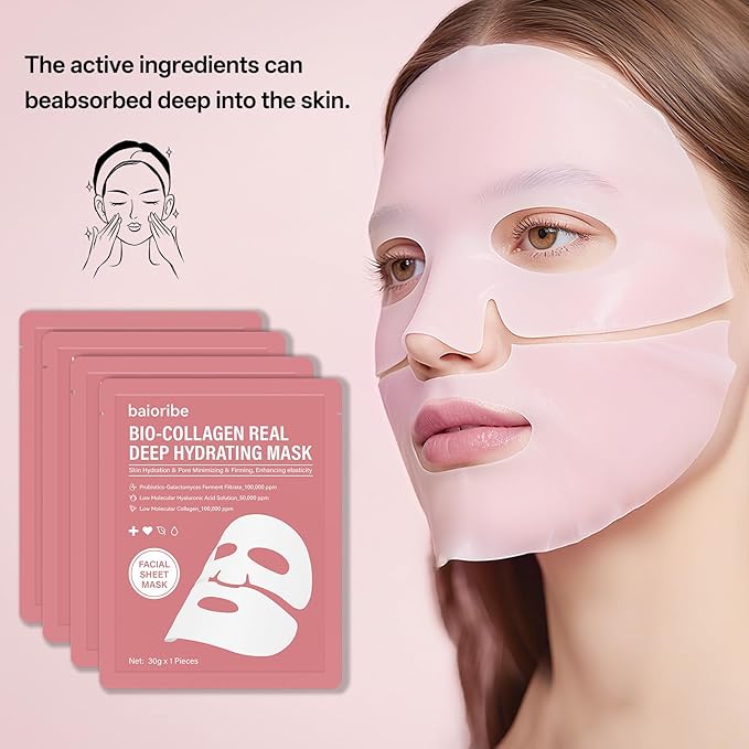 8 PCS Bio-Collagen Real Deep Mask, Hydrating Korean Sheet Mask, Collagen Glow Up Firm Skin Deep Hydrating Masks for Pore Minimization - Glow like Glass Skin