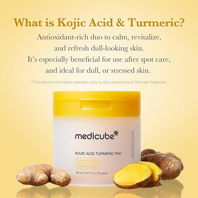 medicube Toner Pads Kojic Acid Turmeric Clarifying Toner Pad for Troubled Skin & Use After Spot Care, Soothing with Kojic Acid, Turmeric, Niacinamide, Glycolic Acid, Korean Skin Care, 70 Pads (1 Pack)