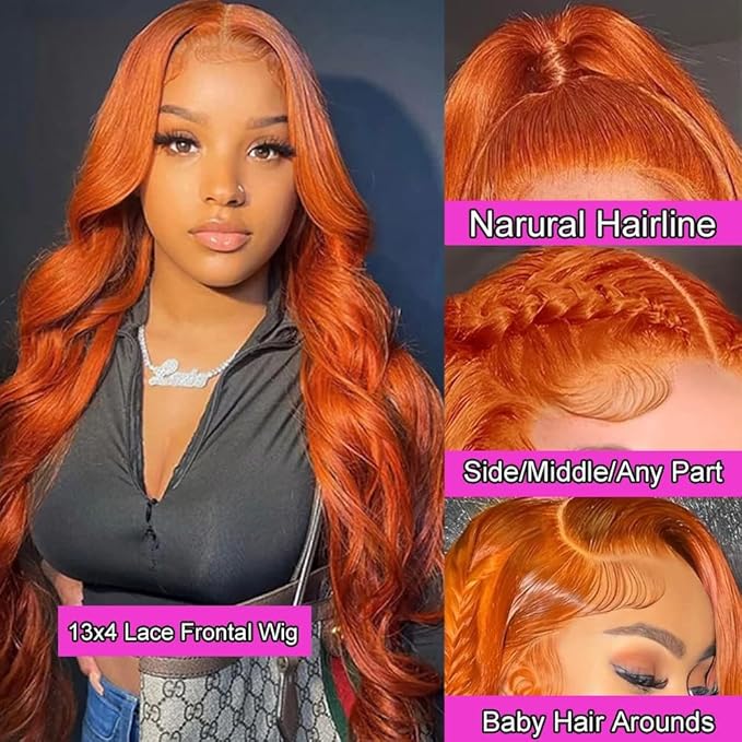 #350 Ginger Body Wave Lace Front Wigs Human Hair 13x4 HD Ginger Orange Lace Front Wig Wear and Go Glueless Orange Wigs Human Hair Pre Plucked With Baby Hair 26 Inch Colored Frontal Wig For Black Women