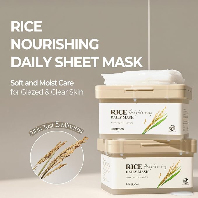 SKINFOOD Rice Daily Sheet Mask, 5-Minute Firming, Nourishing, Hydrating Face Mask for Smooth, Clear, Glass Skin, Korean Skincare, Bulk Pack (30EA)
