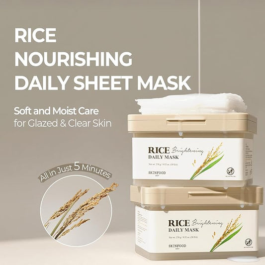 SKINFOOD Rice Daily Sheet Mask, 5-Minute Firming, Nourishing, Hydrating Face Mask for Smooth, Clear, Glass Skin, Korean Skincare, Bulk Pack (30EA)