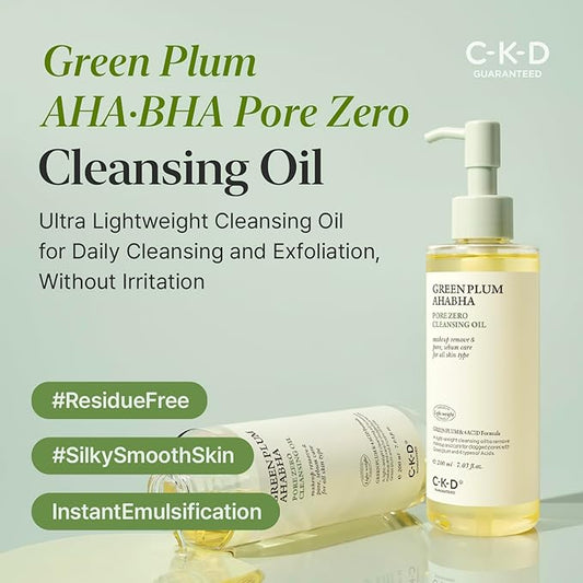 CKD Green Plum AHA·BHA Pore Zero Face Cleansing Oil -Gentle Korean Cleanser, Instant Makeup Removal, Sebum Control, Hydrating & Low-Irritation. No Oily Residue. 7.03 fl oz