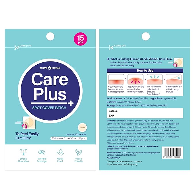OLIVE YOUNG Care Plus Spot Patch | Hydrocolloid Acne Korean Spot Patch to Cover Zits, Pimples and Blemishes, for Troubled Skin and Face (Hydrocolloid, 15 Count (Pack of 1))