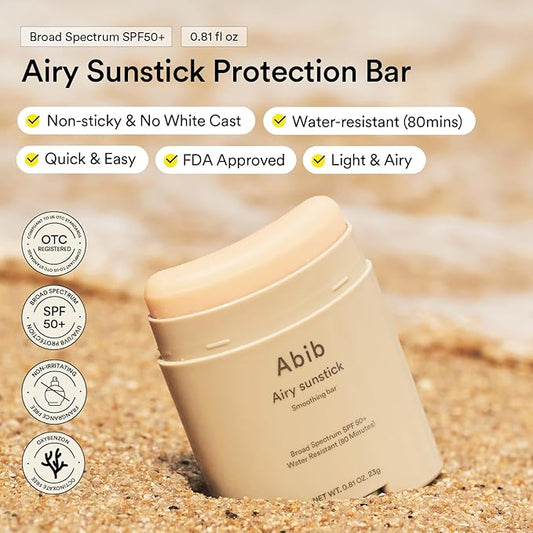 Abib Airy Sunstick Protection Bar Broad Spectrum SPF50+ 0.81 oz / 23 g (Semi-matte) | Korean Suncreen Stick Suncare Sunblock, No Whitecast, Protector Solar Barra, Water resistant