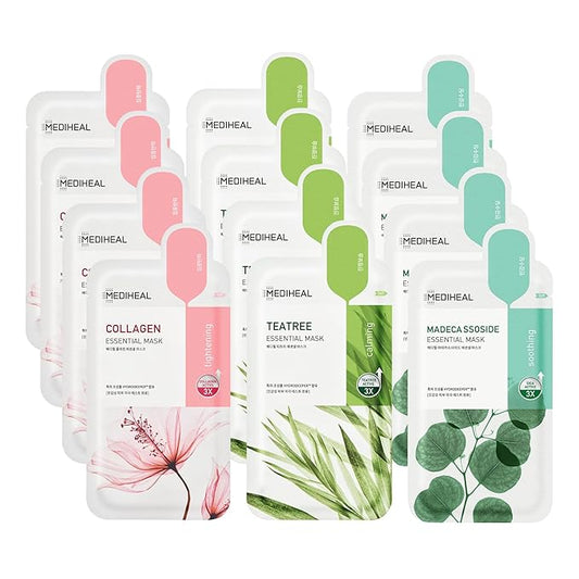 Mediheal Sheet Mask Essential HERO 12 Pack (Collagen, Tea Tree, Madecassoside) | Korean Skincare Facial Sheet Mask Combo, Moisturizing, Soothing and for Blemishes