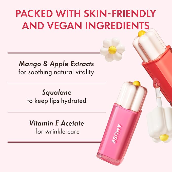 Amuse SEOUL Daisy Flower Dew Tint 05 STRAWBERRY | 35% High-moisture Water Tint, Long-lasting, Vitamin E Acetate, Moisturizing, No Peel Off, Lip Treatment, Non Sticky, Korean Lip Tint for Dry Lips