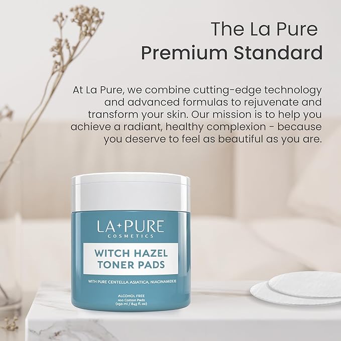 La Pure Korean Toner Pads, Large, 100 Ct, with Witch Hazel, Centella Asiatica & Niacinamide, Alcohol-Free, Gentle Exfoliating Pore & Dark Spot Care