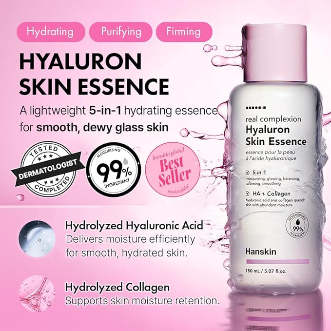 Hanskin Hyaluron Skin Essence Toner – Korean Hydrating Toner for Glass Skin | Hyaluronic Acid & Collagen | Lightweight Moisturizing Astringent for Dry, Sensitive & Dull Skin | K-Beauty (5.07 fl oz)