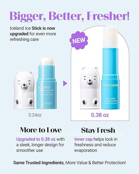 THESAEM Iceland Hydrating Eye Stick Bundle - 2 Pack (Hydrating + Peptide) 0.38 oz each - Cooling Balm for Dark Circles, Puffiness & Wrinkles - Under Eye Treatment with Niacinamide & 5-Peptide Complex