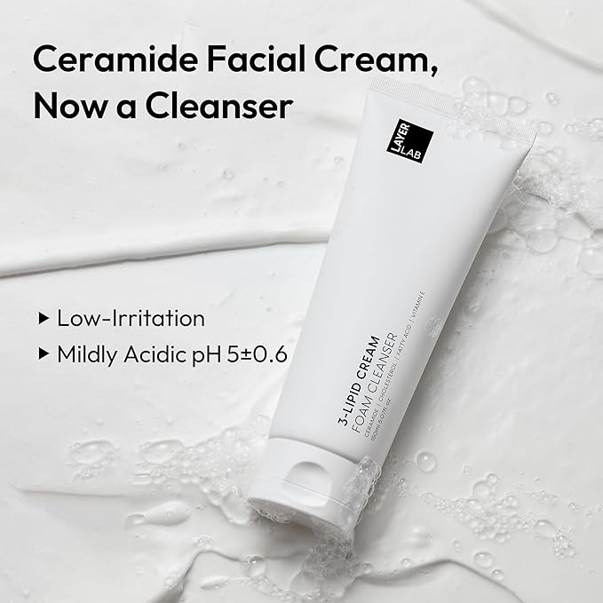 LAYERLAB Korean Face Wash with 5 Ceramides | Hydrating Low pH Cream Foam Cleanser for Sensitive Skin | Helps Support Moisture Barrier, Non-Drying, For All Skin Types 150ml 5.07 fl oz (White)