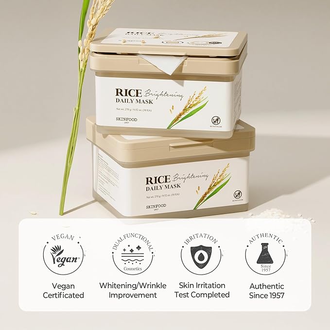 SKINFOOD Rice Daily Sheet Mask, 5-Minute Firming, Nourishing, Hydrating Face Mask for Smooth, Clear, Glass Skin, Korean Skincare, Bulk Pack (30EA)