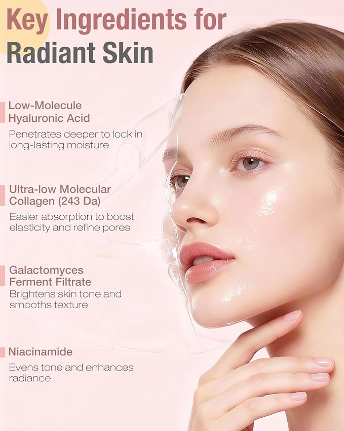 Bio-Collagen Hydrogel Sheet Mask, Overnight Face Mask for Radiant, Glowing Skin, Deep Hydrating & Firming, Pore Minimizing, Boosts Elasticity, Korean Skin Care, 35g x 5ea