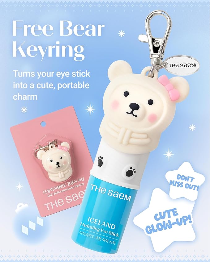 THESAEM Iceland Hydrating Eye Stick with Cute Bear Keyring Set - Cooling Balm for Dark Circles and Puffiness – Under Eye Treatment - Portable K-Beauty Charm for Bag & Pouch, Aqua Scent, 0.38oz