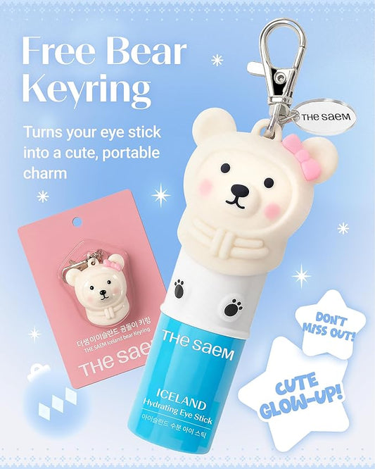 THESAEM Iceland Hydrating Eye Stick with Cute Bear Keyring Set - Cooling Balm for Dark Circles and Puffiness – Under Eye Treatment - Portable K-Beauty Charm for Bag & Pouch, Aqua Scent, 0.38oz
