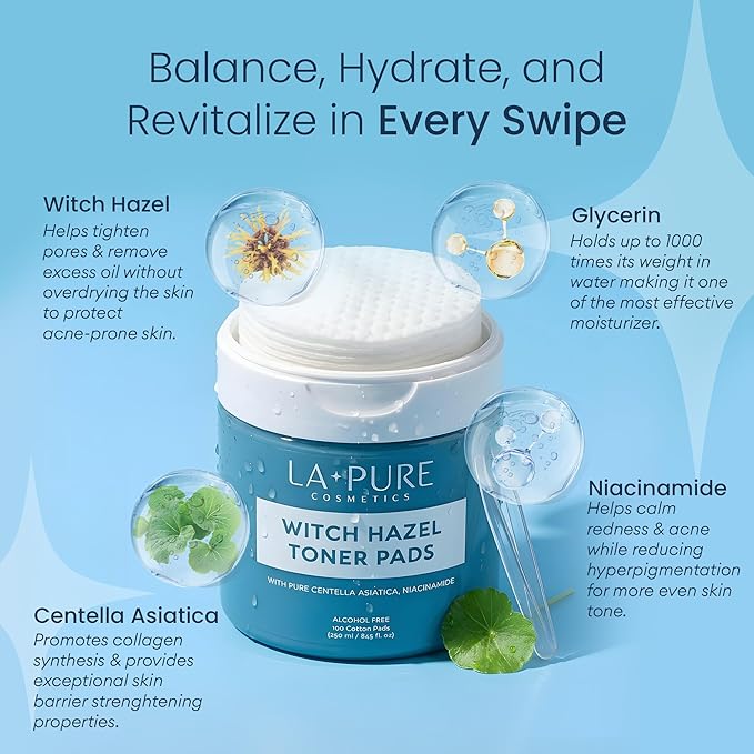 La Pure Korean Toner Pads, Large, 100 Ct, with Witch Hazel, Centella Asiatica & Niacinamide, Alcohol-Free, Gentle Exfoliating Pore & Dark Spot Care