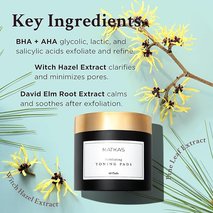 MATKAS Korean Exfoliating Witch Hazel Toning Pads - 60 pcs, Korean Skin Care Glycolic Acid Toner Pads, AHA BHA Gentle Face Exfoliator, Facial Acid Peel for Dark Spots, K Beauty Pore Minimizer for Face