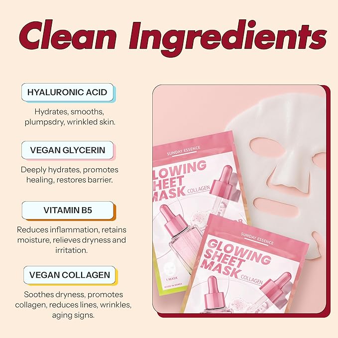 Collagen Face Mask – Dermatologist Tested, Anti-Aging, Korean Skin Care, Firms Hydrates Strengthens Barrier – Clean Beauty Vegan Sheet Mask for Dry Sensitive Skin – 5 Sheets