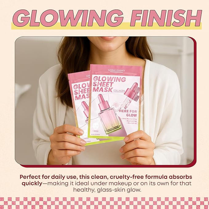 Collagen Face Mask – Dermatologist Tested, Anti-Aging, Korean Skin Care, Firms Hydrates Strengthens Barrier – Clean Beauty Vegan Sheet Mask for Dry Sensitive Skin – 5 Sheets